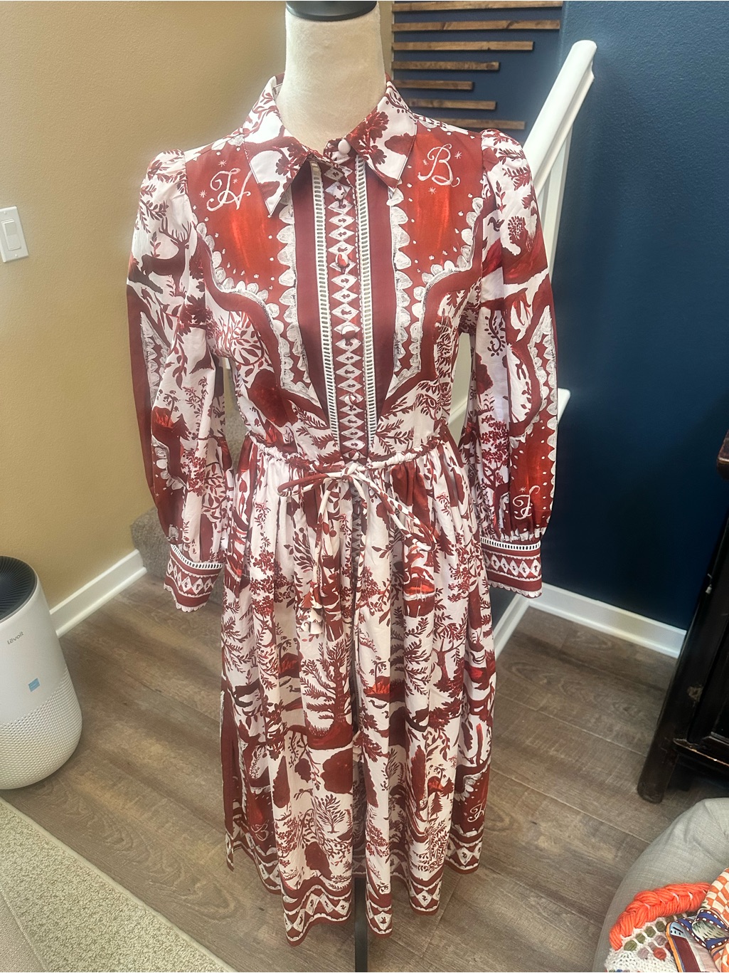 Hunter Bell Red And White Printed Long-Sleeve Midi Dress